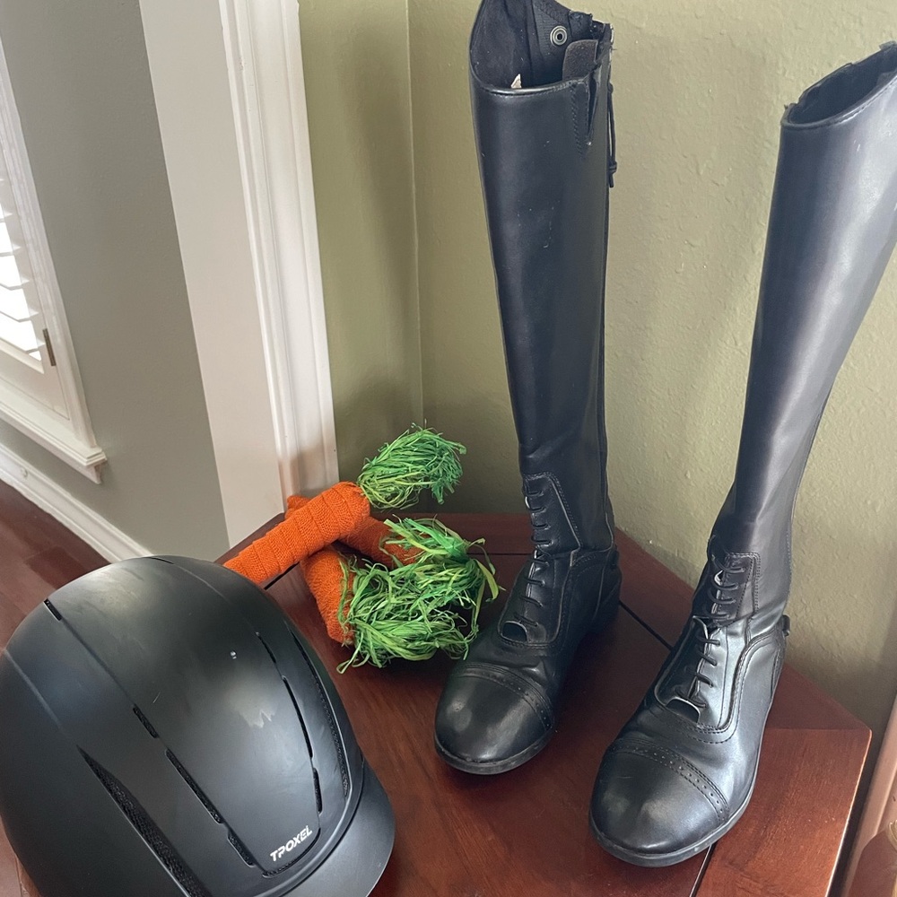 Black Lace-Up Women's Riding Boots and Helmet